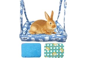 RMNHPTK Rabbit Hammock Swing Small Animal Hanging Swing Hammock Bed with 2 Pads Pet Hammock Swing for Rabbits Guinea Pigs Chinchillas Kittens (Blue Bear)