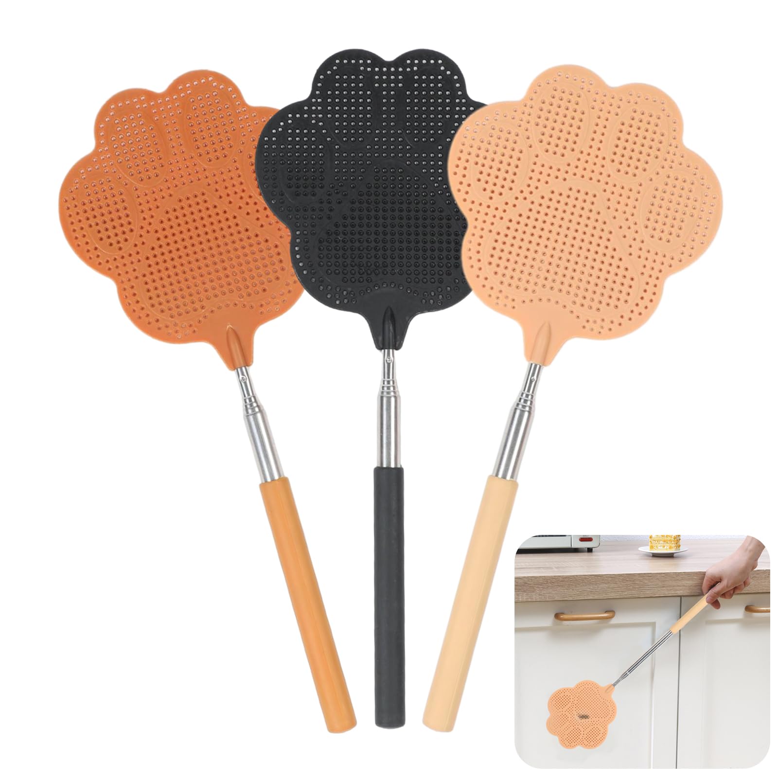 KASESSS 3 Pcs Extendable Fly Swatter, Manual Fly Swat with Stainless Steel Long Handle, Adjustable Flyswatter 28.5 cm to 76 cm, Fly Swatters Plastic Bear Paw Fly Swatter for Outdoor and Indoor