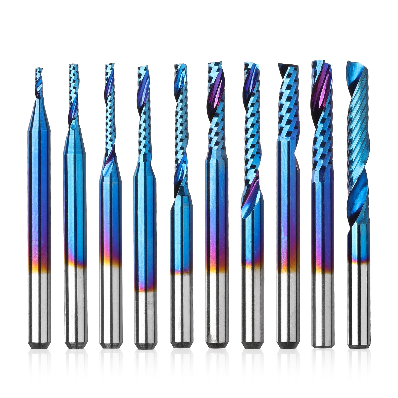 1/8 Inch Shank 10pcs Carbide Spiral O Flute (Single Flute) End Mill CNC Router Bits, Solid Nano Blue Coat, for Woodworking Cutting Carving Wood Acrylic PVC PCB MDF, OS10A