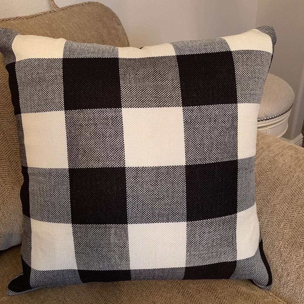 Burlap Farmhouse Decor Buffalo Checkers Plaid Cotton Linen Decorative Throw Pillow Cover Rustic Cushion Cover Pillowcase for Sofa 18 x 18 Inch, Set of 2 (Black/White, 18"×18"): Kitchen & Dining