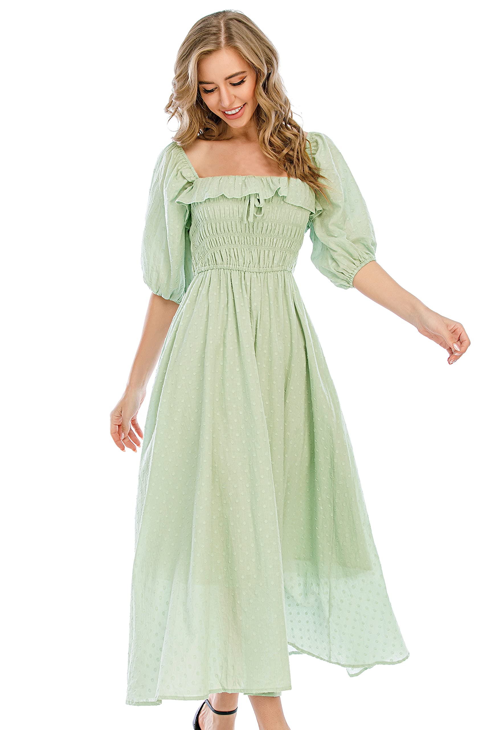 Photo 1 of (small) R.Vivimos Women Summer Half Sleeve Cotton Ruffled Vintage Elegant Backless A Line Flowy Long Dresses (Small, SageGreen-1)