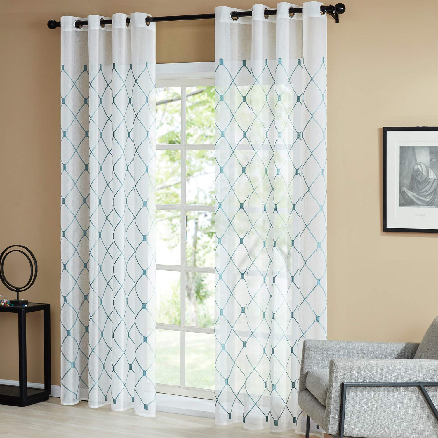 Top Finel White Sheer Curtains 96 Inches Long Teal Embroidered Diamond