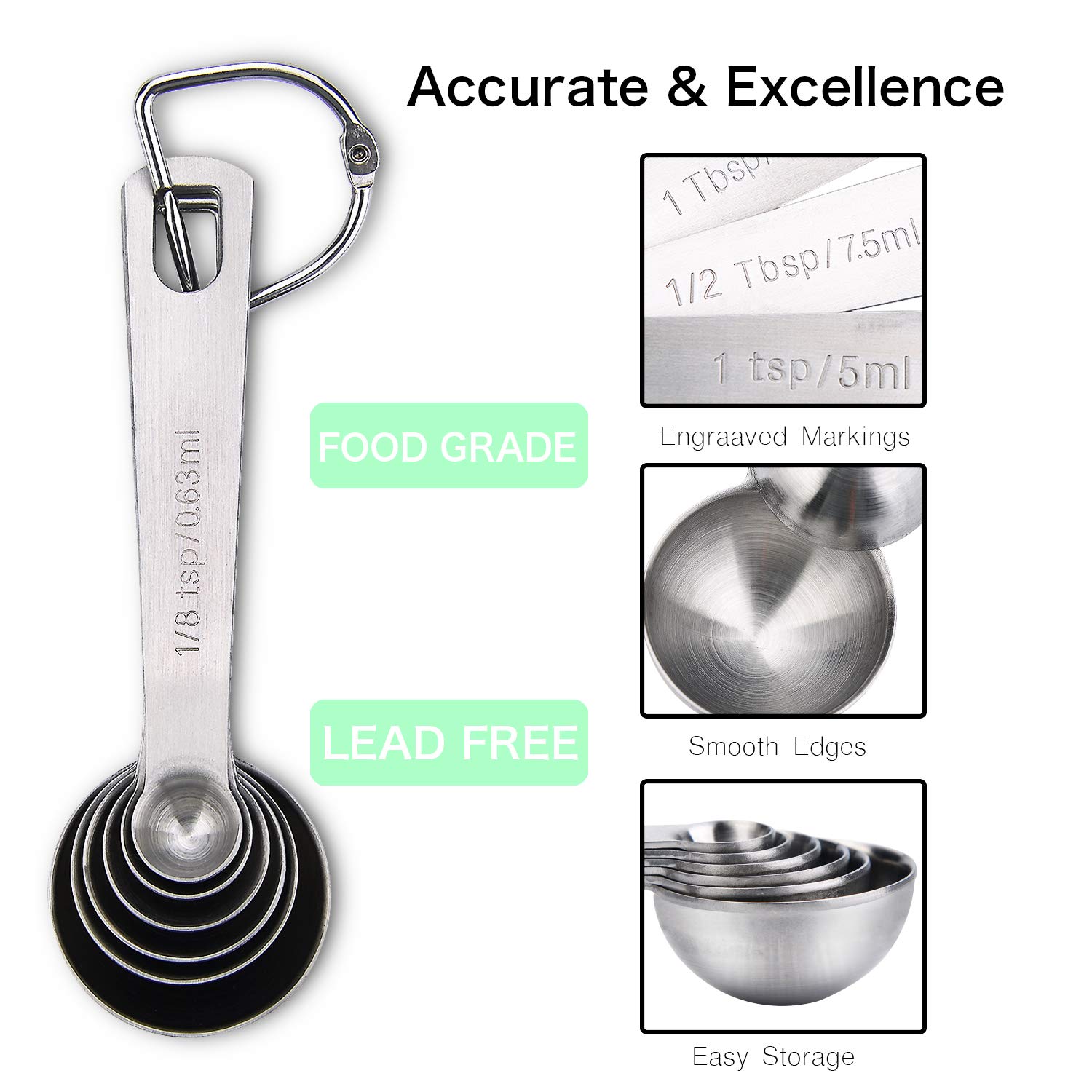 A Trifle Stainless Steel Metal Measuring Spoons, Set of 6 for Gift Measuring Dry and Liquid Ingredients