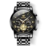 OLEVS Black Watches for Men Casual Fashion Big Face Man Watch Luxury Analog Quartz Men's Wrist Watch Elegant Waterpoof Stainless Steel Multifunction Chronograph Moon Phase Mens Watches