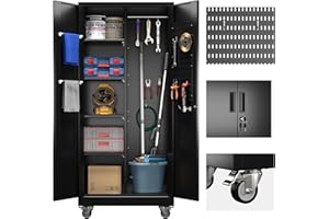 GLADIW Garage Storage Cabinet with Wheels, Metal Storage Cabinet with Lockable Doors and 4 Adjustable Shelves, Metal Locker with Pegboards for Garages, Offices, Gyms and Pantries, Black