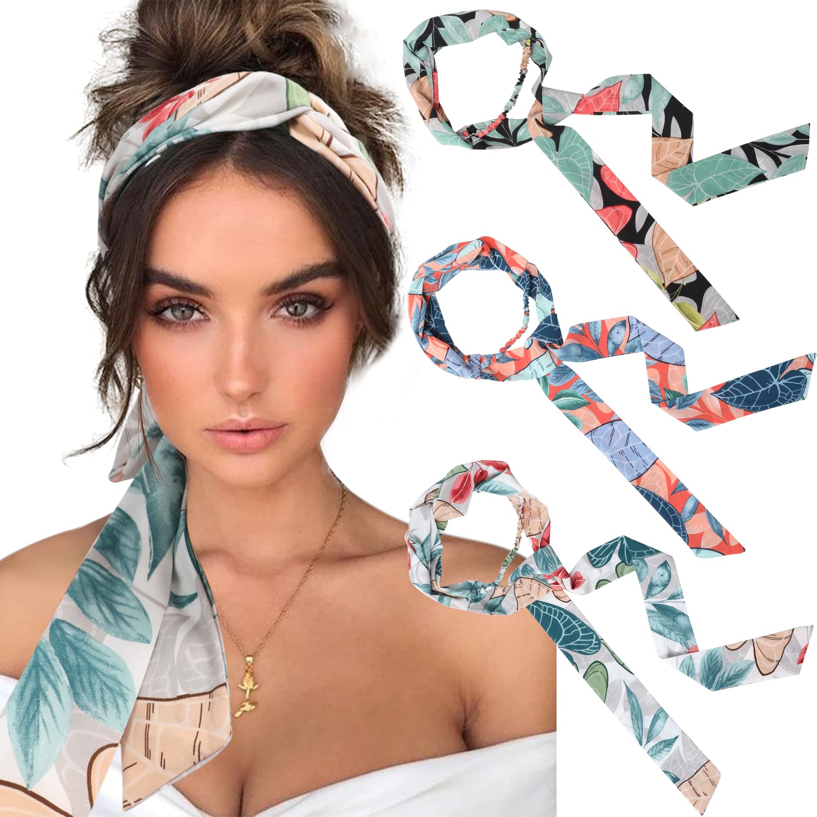 Photo 1 of AWAYTR Women's Long Head Wraps - 3PCS Chiffon Criss Cross Headbands for Long Thick Hair (Flowering leaves, Red, White, Black)