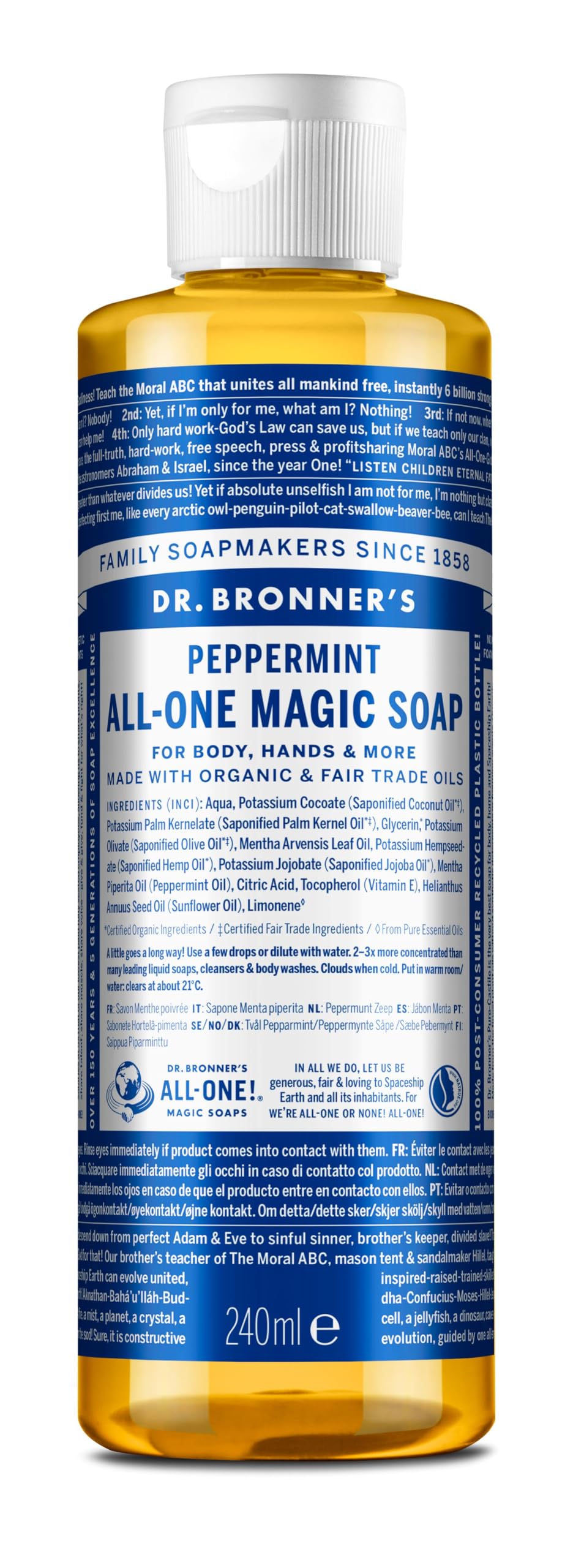 Dr Bronner's 18-in-1 Peppermint Pure-Castile Liquid Soap, Made with Organic Oils, Used for Face, Body, Hair, Laundry, Pets and Dishes, Certified Fair Trade & Vegan Friendly, 237ml Recycled Bottle — image 1