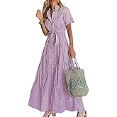 utcoco Womens Casual Short Sleeve Button Down Tie Waist Ruffled Striped Maxi Shirt Dress