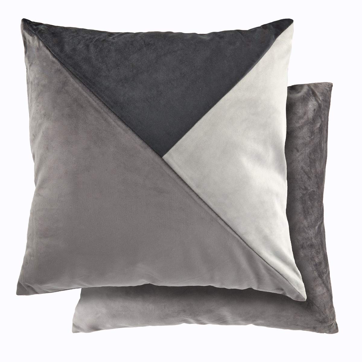 Lex's Linens Pack of 2 Velvet Cushion Covers Designed With 3 Coordinating Coloured Triangles (Black, Light Grey & Dark Grey)