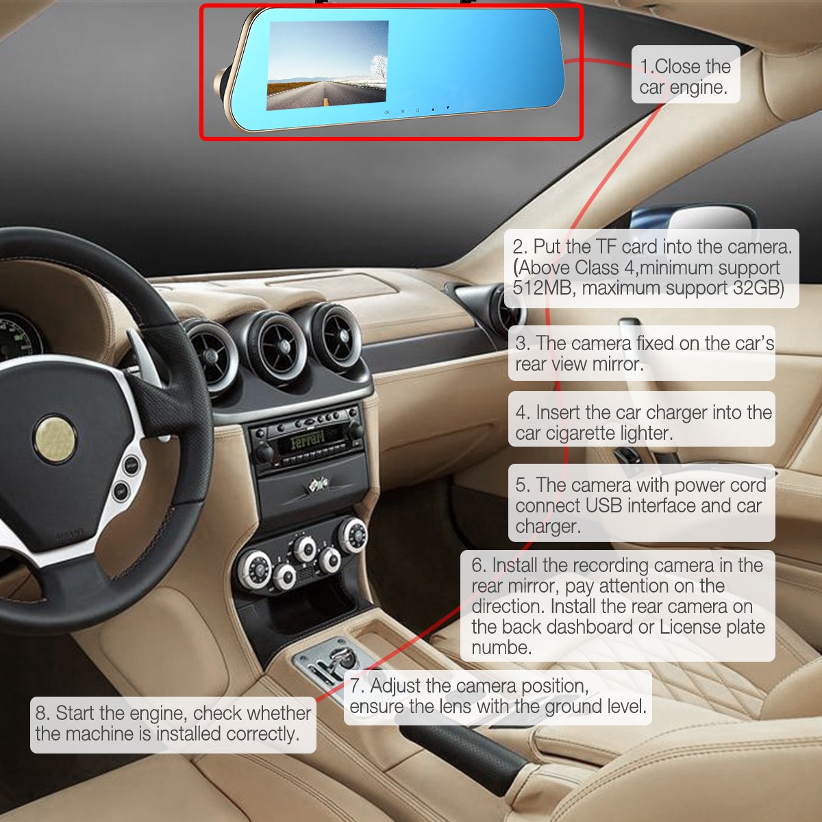 isYoung Mirror Dash Cam Rearview Mirror Cam 720P Full HD 140° Wide Angle Front Car Camera Video Recorder with Front and Back Camera, G-Sensor, Loop Recording