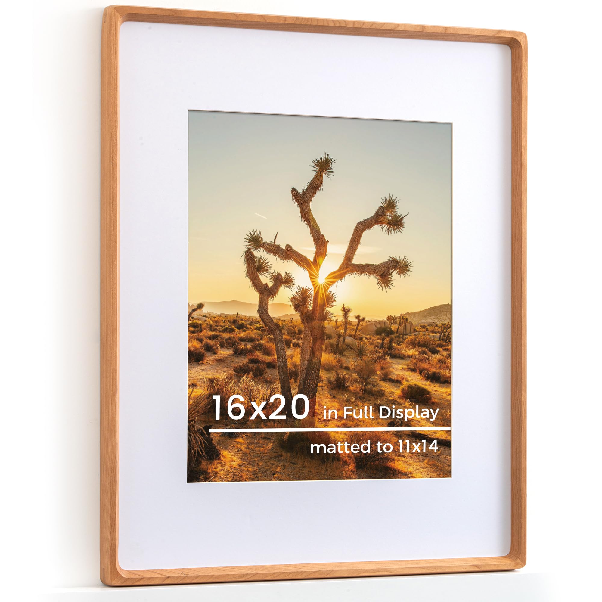 RICHFOCUS 16x20 Picture Frame USA-Sourced Natural Cherry Solid Wood Photo Frame Handcrafted Rounded Corner Wodden Frame with Real Glass Display Photos 11x14 with Mat or 16x20 Without Mat