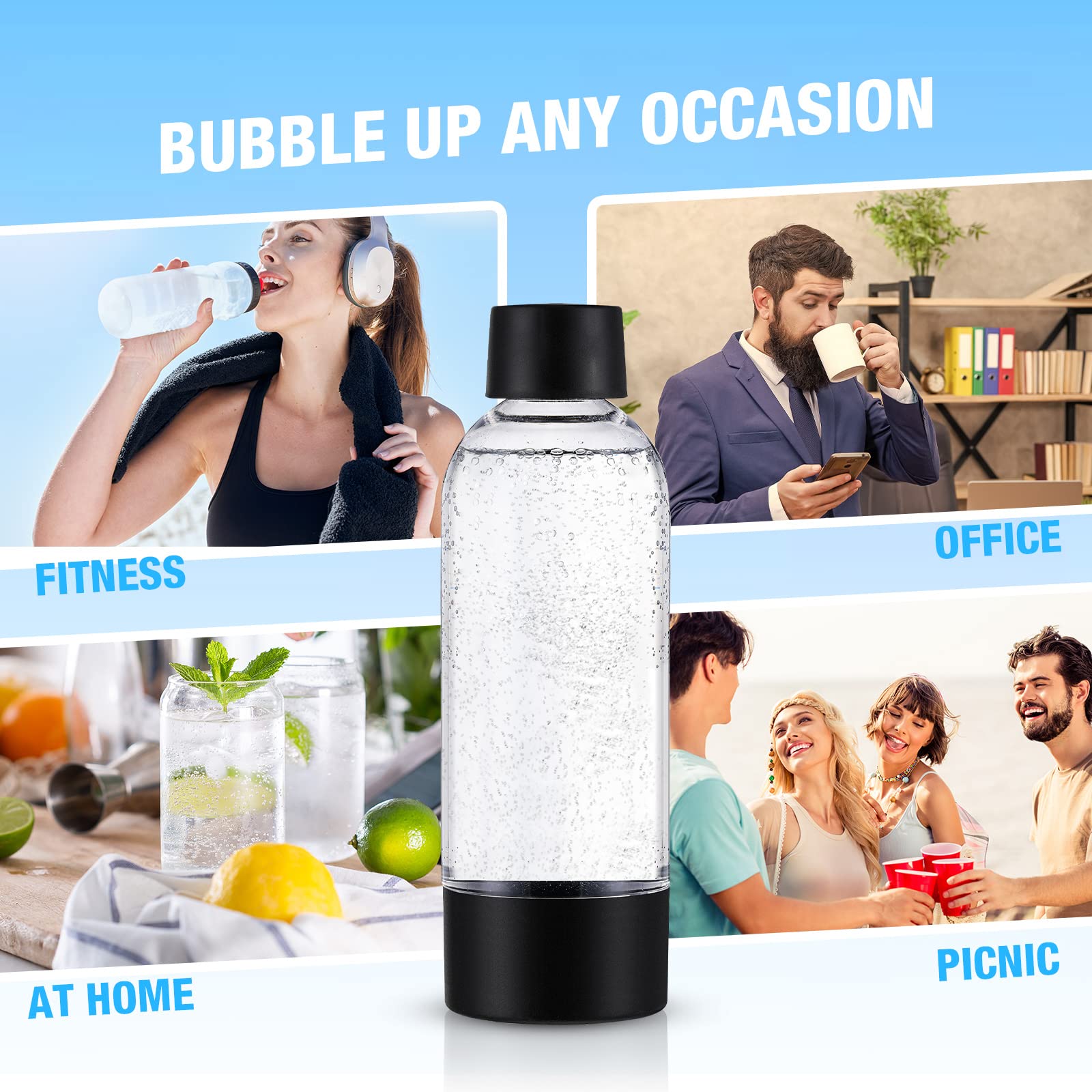 meekoo 4 Pcs Soda Carbonating Bottles Clear Plastic Soda Maker Bottle Compatible with Isoda Drinkmate Maker for Kitchen Home Party Carbonated Drinks Beverages(1 Liter)