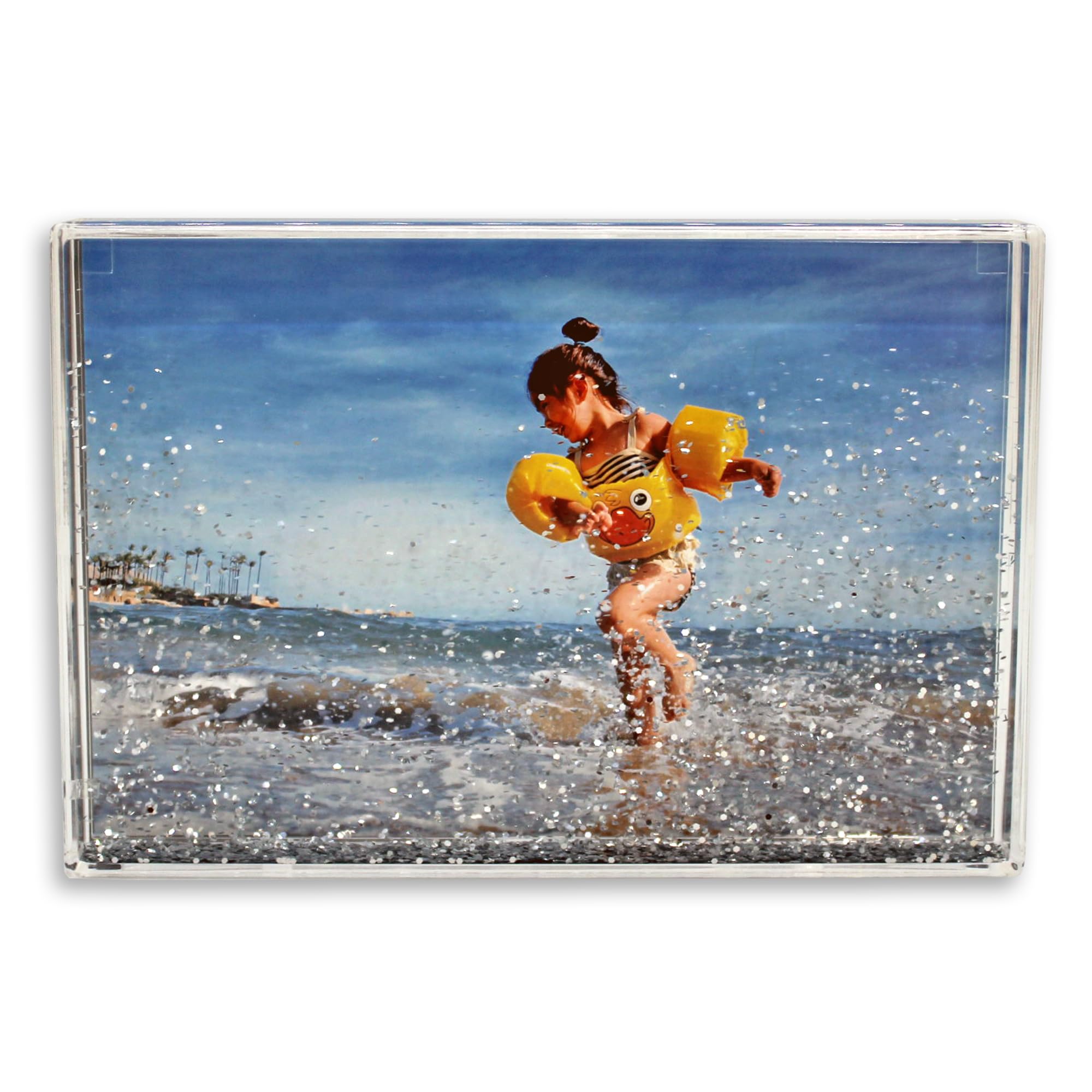 Glitter Photo Frame, Acrylic Picture Frame holds 10 x 15 cm (4 x 6 inch) Clear Frameless Desktop Photo Block with Glitter (Silver) - Ideal Personalised Gifts, Wedding Day Presents or Home Décor — image 1