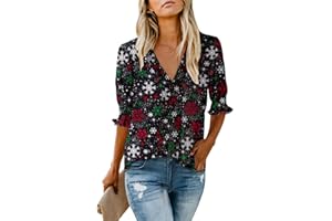 ROSHOP Christmas Blouses Women's Dressy Tops Smocked Sleeve Deep V Neck Snowflakes Costume Blouse