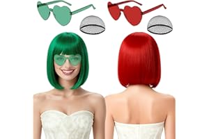 rookea 2 Pack Colored Bob Wigs and Heart Sunglasses Set, Green Red Short Straight Bob Wig with Bangs Neon Party Colorful Synthetic Hair for Women Men Halloween Costume Bachelorette Party Favors