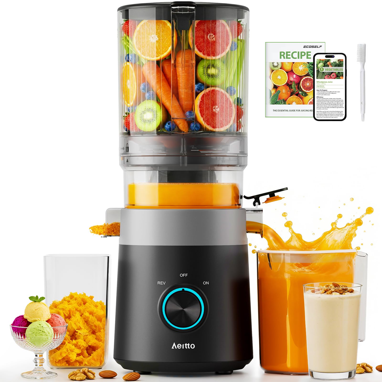 Aeitto 3-in-1 Juicer Machines, 6.0" Wide Mouth, Mesh-Free Easy to Clean | Juice, Sorbet & Nut Milk | Cold Press Juicer for Wh