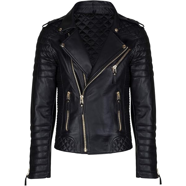 Ladies Leather Biker Jacket Quilted Matte Black Gold Zip Real
