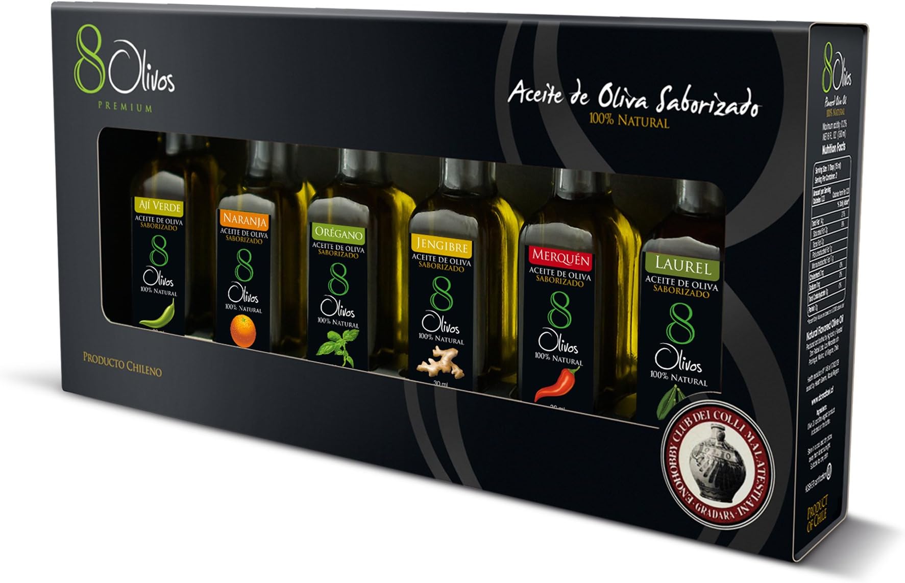 8 Olivos Premium Gourmet Gift Set - Flavored Extra Virgin Olive Oil - Award Winning Cold Pressed - 6 Sampler Glass Bottles 30ml's size