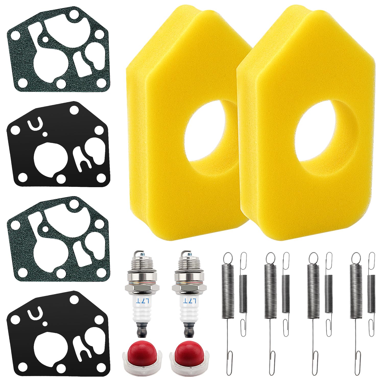 VooGenzek 16 PCS Lawn Mower Service Kit, Spark Plug L7T, Primer Bulbs 694394, 698369 Foam Air Filter, Governor Springs 692211 691859, Carburettor Diaphragm Gasket 795083 495770