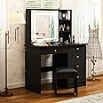 AIEGLE Vanity Desk Set with Lighted Sliding Mirror, 3 Colors LED, Makeup Drawer Dressing Table with Hidden Shelves & Cushioned Stool, Black