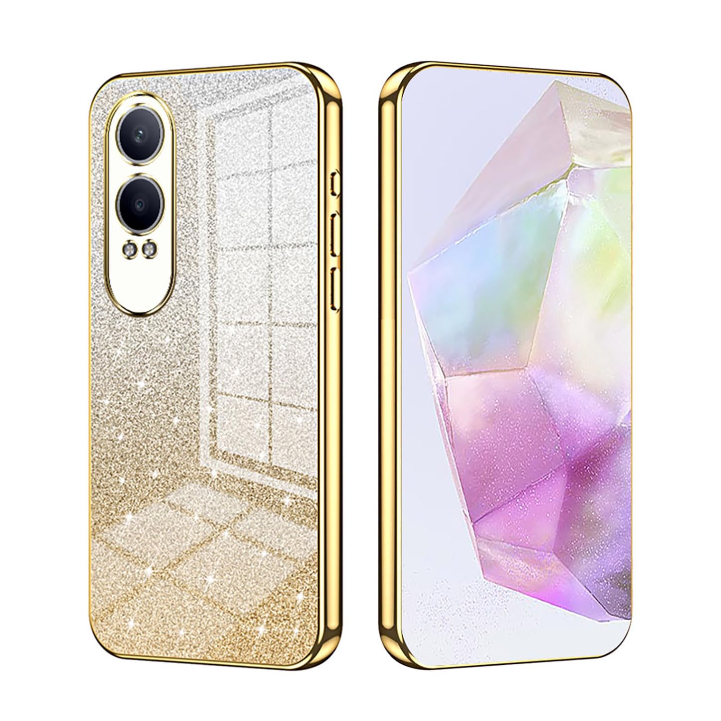 ILING Case for OnePlus Nord CE 4 Lite 5G, Ultra Thin Elegant Gradient Color Sparkling Back Design Electroplated Edging Soft Silicone TPU Shockproof Phone Case Girls Cover (Gold)