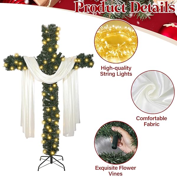 6FT ARTIFICIAL CHRISTMAS CROSS TREE WITH A STRING LIGHTS AND A WHITE SILK SCARF CHRISTMAS EASTER DECORATIONS JESUS CHRIST CATHOLIC CROSS DECOR HE IS RISEN DECORATIVE CROSS TREE FOR OUTDOOR HOME DECOR