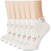 bropapa Women‘s Ruffle Ankle Socks,Vintage Patterned,Short Casual Dress Sock,Cute Princess Lettuce Floral Socks 6 Pack