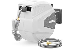 Ayleid Retractable Garden Hose Reel,1/2 in x 100 ft Wall Mounted Hose Reel, with 9- Function Sprayer Nozzle, Any Length Lock/Slow Return System/Wall Mounted/180°Swivel Bracket (Grey)