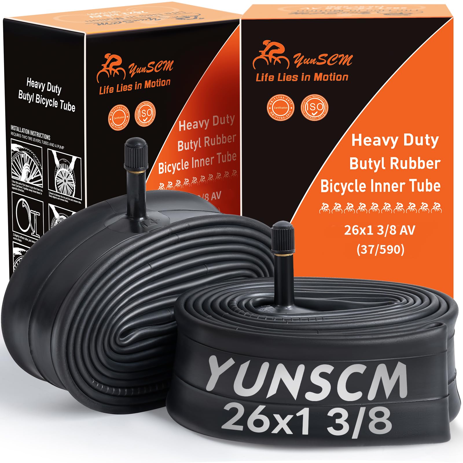YunSCM 2PCS 26" Heavy Duty Inner Tubes 26x1 3/8 37-590 26inch Bike Tubes AV32mm Schrader Tube, Compatible with 26 x 1 3/8 26 x 1-3/8 Wheelchair Bicycle Tyres