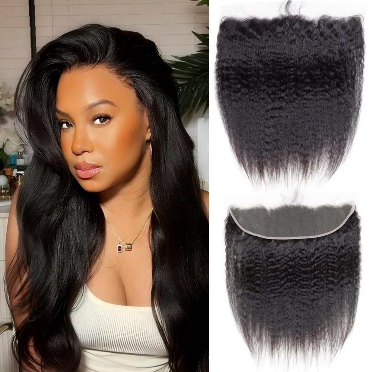 Sexycat Yaki Straight 13x4 Lace Frontal Human Hair 20 Inch Kinky Straight Natural Hairline Ear to Ear Frontal Pre Plucked with Baby Hair Natural Color