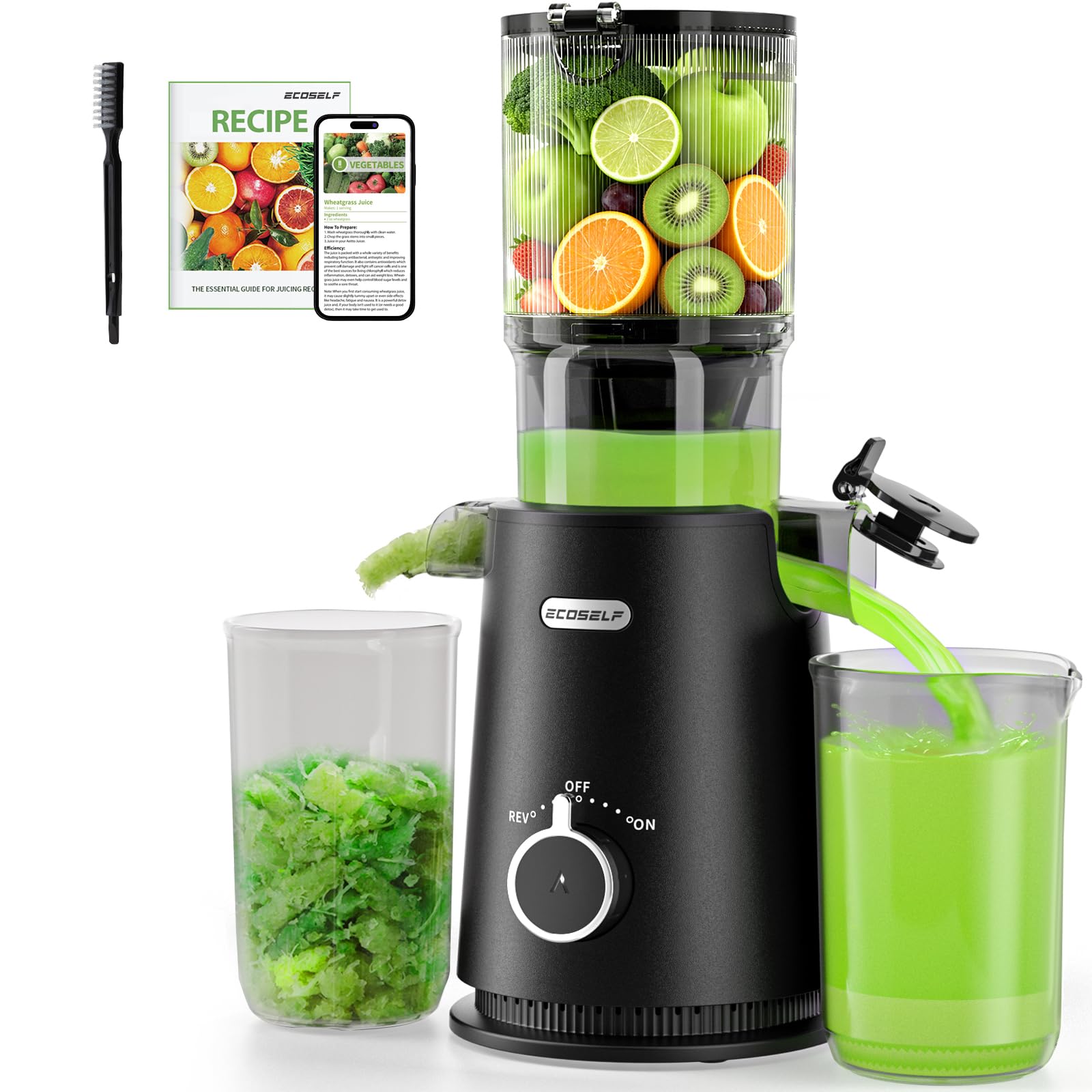 Photo 1 of ECOSELF Juicer Machines - Wide Mouth Feed Chute with Self Feeding Hands-Free Design - Cold Press Juicer for Vegetables and Fruits - Juice Extractor Machine High Juice Yield - With Brush