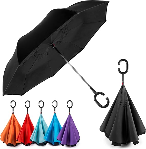 EEZ-Y Reverse Inverted Windproof Umbrella - Upside Down Umbrellas with C-Shaped Handle for Women 