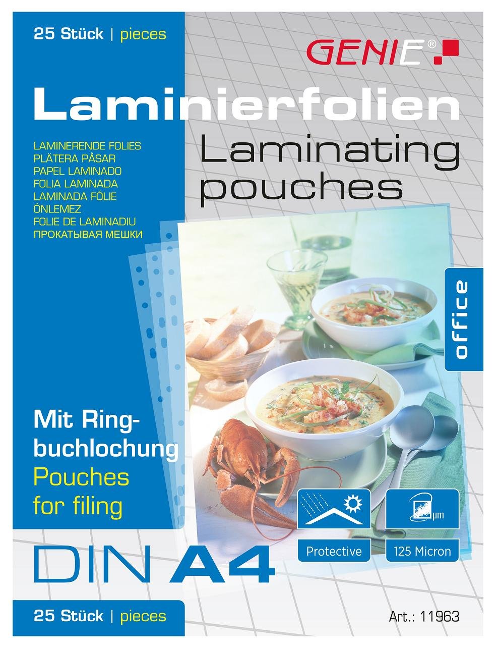 Genie - A4 Laminating Pouches with Margin and Perforations - Pack of 25 - Transparent