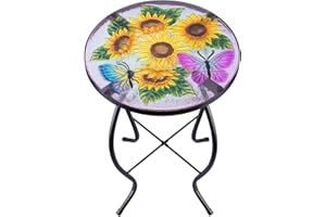 VCUTEKA Patio Side Table Plant Stands Outdoor Accent Table Small Mosaic Table Glass Top Round Balcony Coffee Table Sunflower