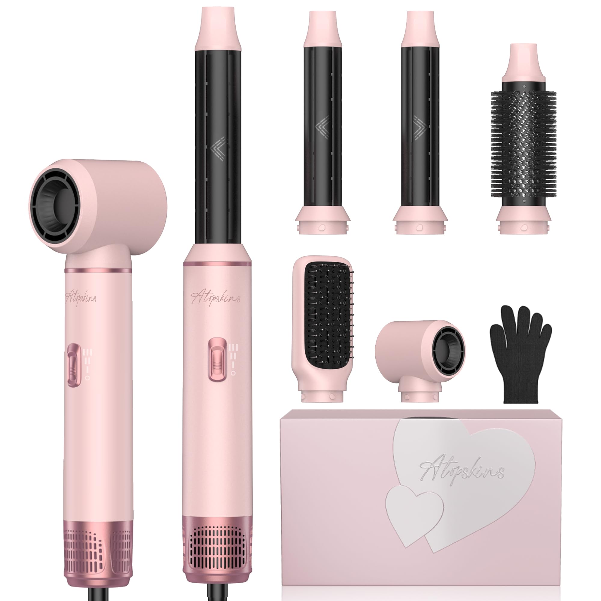Photo 1 of Atopskins 5 in 1 Hair Dryer Brush Set, Hot Air Styler, Detachable Blow Dryer Brush, 3 Heat Settings Auto Curling Wrap Styler, Ionic Hair Styling Tools, Straight Curl Dry Volumiz Smooth (Pink)