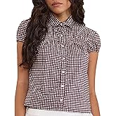 Women Y2k Button Down Shirt Cute E-Girls Short Sleeve Slim Fit Crop Top Collar Plaid/Striped Coquette Babydoll Blouse