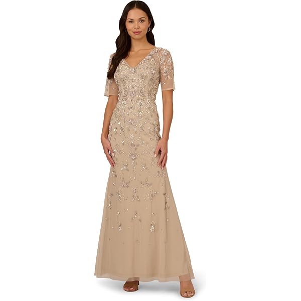 slim fit dress slacks Green Slate Long Hand Beaded 3D Floral Dress With Elbow Sleeves main image 0