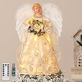 Lewondr Christmas Tree Topper Angel, 12'' Light Up Angel Tree Topper with Wings and Wreath, 8 Modes and 6 Hrs Timer USB and Remote Operated Christmas Decor for Holiday Home Decor, Light Yellow