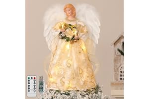 Lewondr Christmas Tree Topper Angel, 12'' Light Up Angel Tree Topper with Wings and Wreath, 8 Modes and 6 Hrs Timer USB and Remote Operated Christmas Decor for Holiday Home Decor, Light Yellow