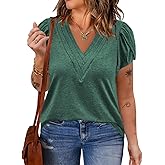 VISLILY Womens-Plus-Size-Summer-Tops Casual Petal Short Sleeve T Shirts Trendy V Neck Blouses Flowy Dressy Tunics XL-5XL