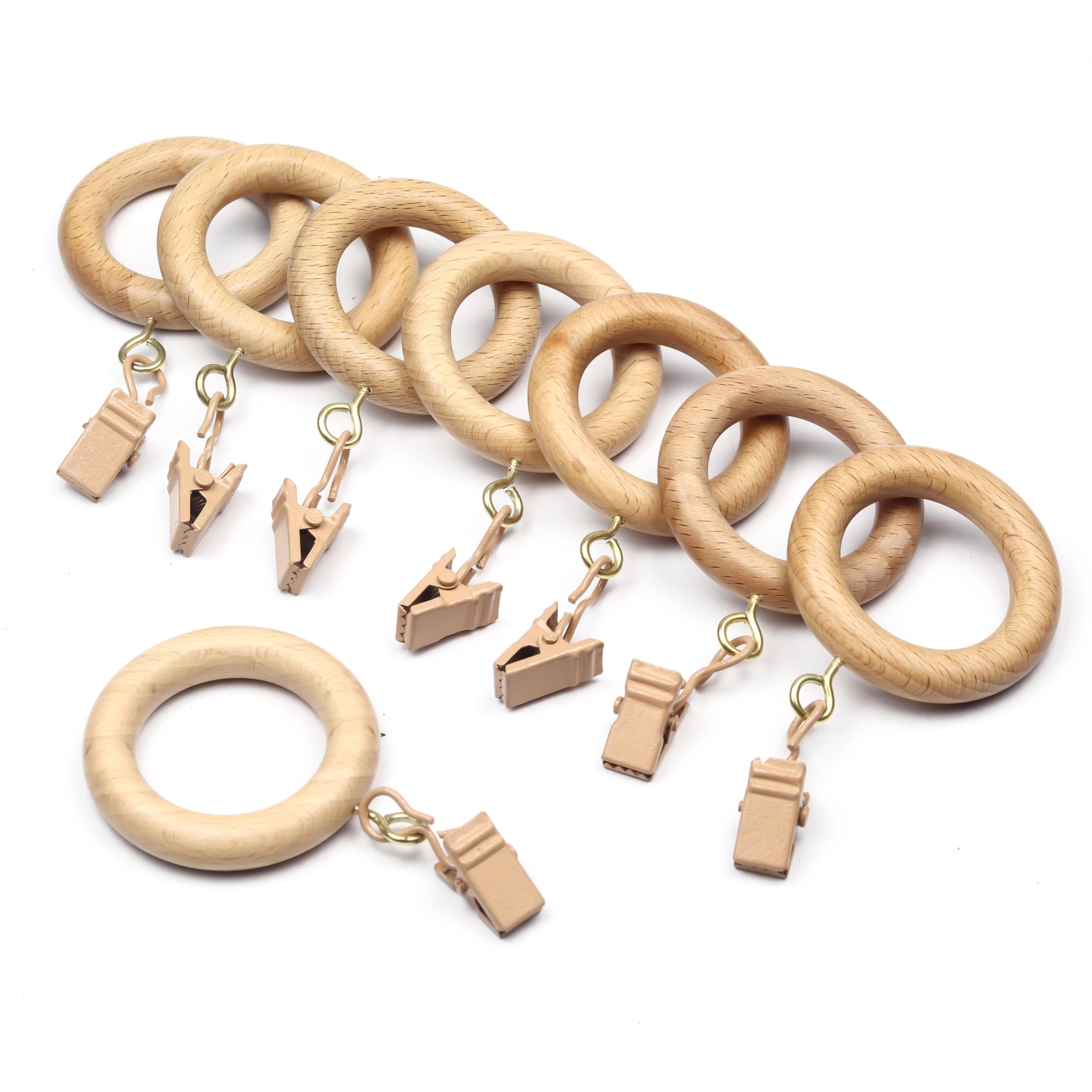 Photo 1 of 24 Pieces Beachwood Curtain Rings with Clips | 2 Inch Outer, 1.25 Inch Inner Diameter | Fits 1 Inch Rod | Wooden Drapery Rings with Eyelet for Window & Shower Curtains