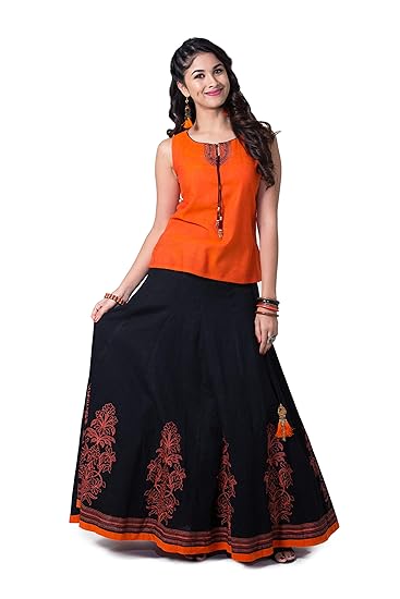 orange top and black skirt