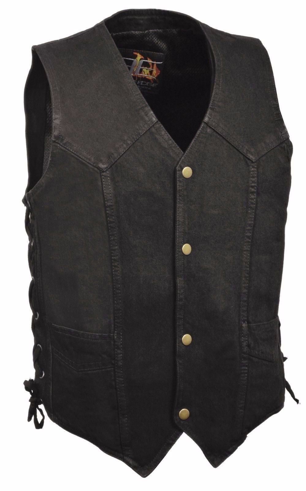 MEN'S MOTORCYCLE CLASSIC SNAP BLACK DENIM VEST SIDE LACES GUN POCKET LIGHTWEIGHT Regular â¢ Denim Fit