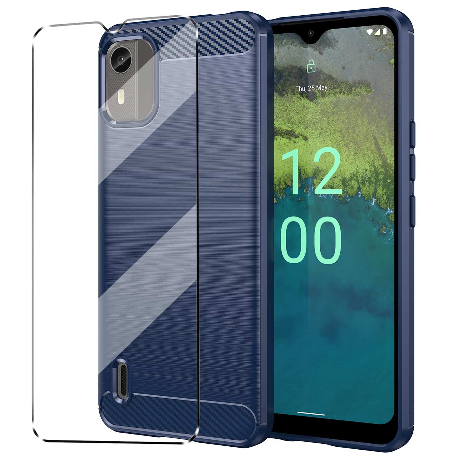 HuiYouMY [1+1] Case Compatible with Nokia C12 Cover with 1 Pack Tempered Glass Screen Protector for Nokia C12, Slim Fit Soft TPU Shockproof Anti-Scratch Phone Case Cover - Navy