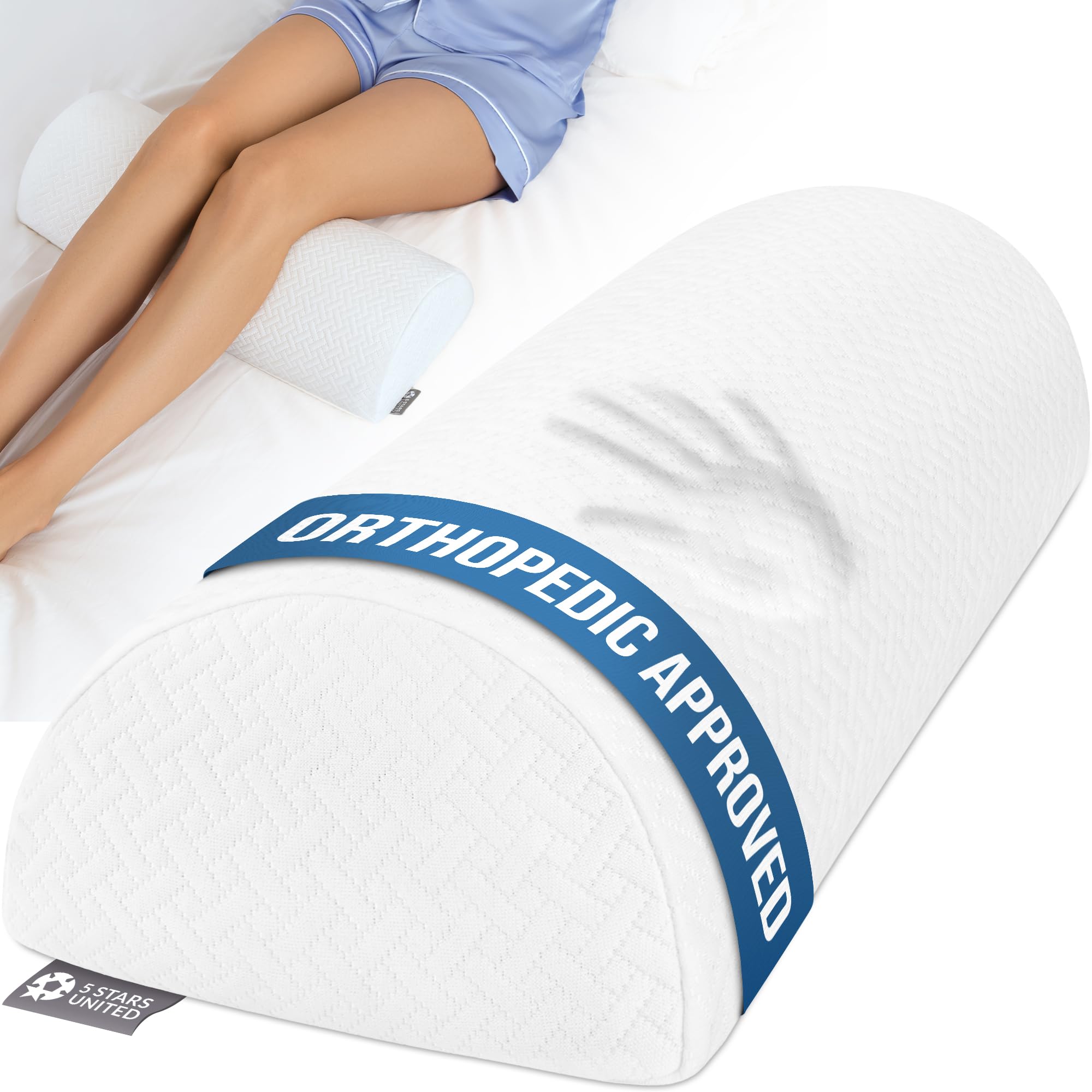 Photo 1 of 5 STARS UNITED Knee Pillow for Back Sleeping – Memory Foam Cushion for Sciatica Pain Relief – Under Leg Support for Sleeping on Back – Half Moon Bolster for Bed, White