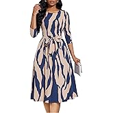 Casual Dresses for Women Midi Church A-Line Fit and Flare Dress Crewneck 3/4 Sleeve Party Dress
