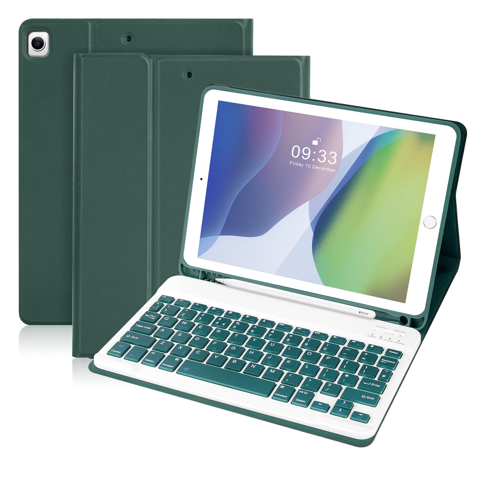SOPPY Bluetooth Keyboard Case for iPad 7th/8th/9th Gen 10.2-inch, Air 3 & Pro 10.5-Inch, Detachable Wireless Keyboard with Pencil Slot, Slim Protective Cover, Auto Sleep/Wake, UK Layout, Dark Green