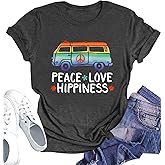 Peace Sign Love T-Shirt for Women Flower Graphic Shirt Hippie Short Sleeve 60s 70s Shirt Inspirational Tee Tops