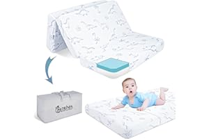 Mochen Trifold Pack and Play Mattress 38x26 Dual-Sided High Density Memory Foam Pack n Play Mattresses Pad with Removable Dinosaurs Cover & Carry Bag, Portable Travel Crib Mattress for Baby