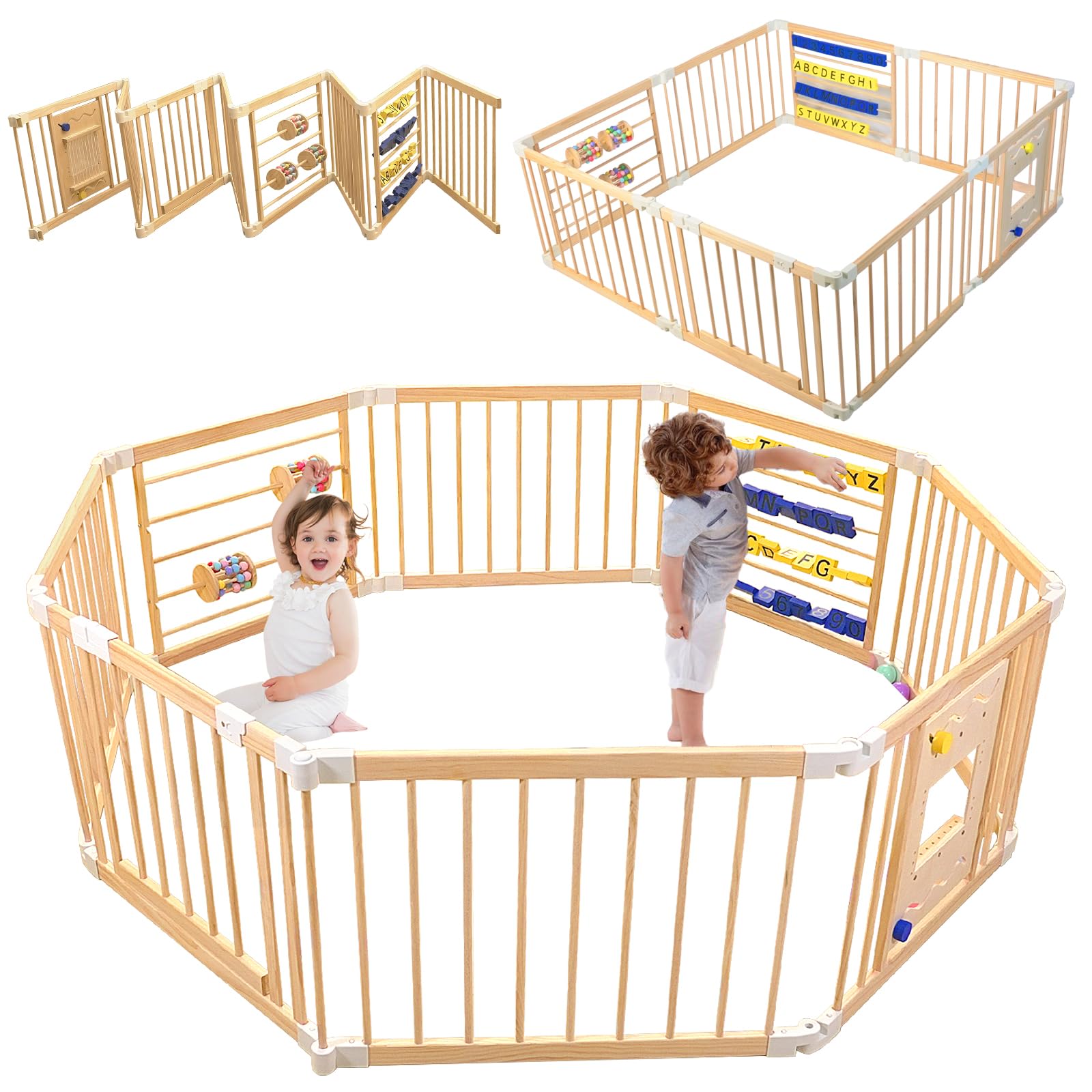 Photo 1 of ***************missing parts/minor damage***************
Foldable Baby Playpen,Wooden Playpen for Babies and Toddlers,63×63×24in Baby Activity Center Play Area,Play Pen for Babies 6-12 Months,Fence Play Yard One-Key Folding,Stable and Skid-Proof
